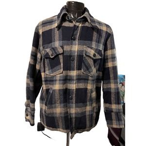 VTG 70s Plaid Wool Barn Jacket Sherpa Fleece Line Shirt Coat Sears 42 Reg
